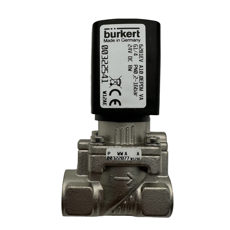 Burkert Type 6281 Grote stroom servo diafragma solenoïde klep 00222022 00222023 00222024 G1 1/4 draad 2/2 NC roestvrijstalen klep lichaam EPDM zegel 25.0 Stroom opening 8W spoel DC24V/AC24V/AC220V